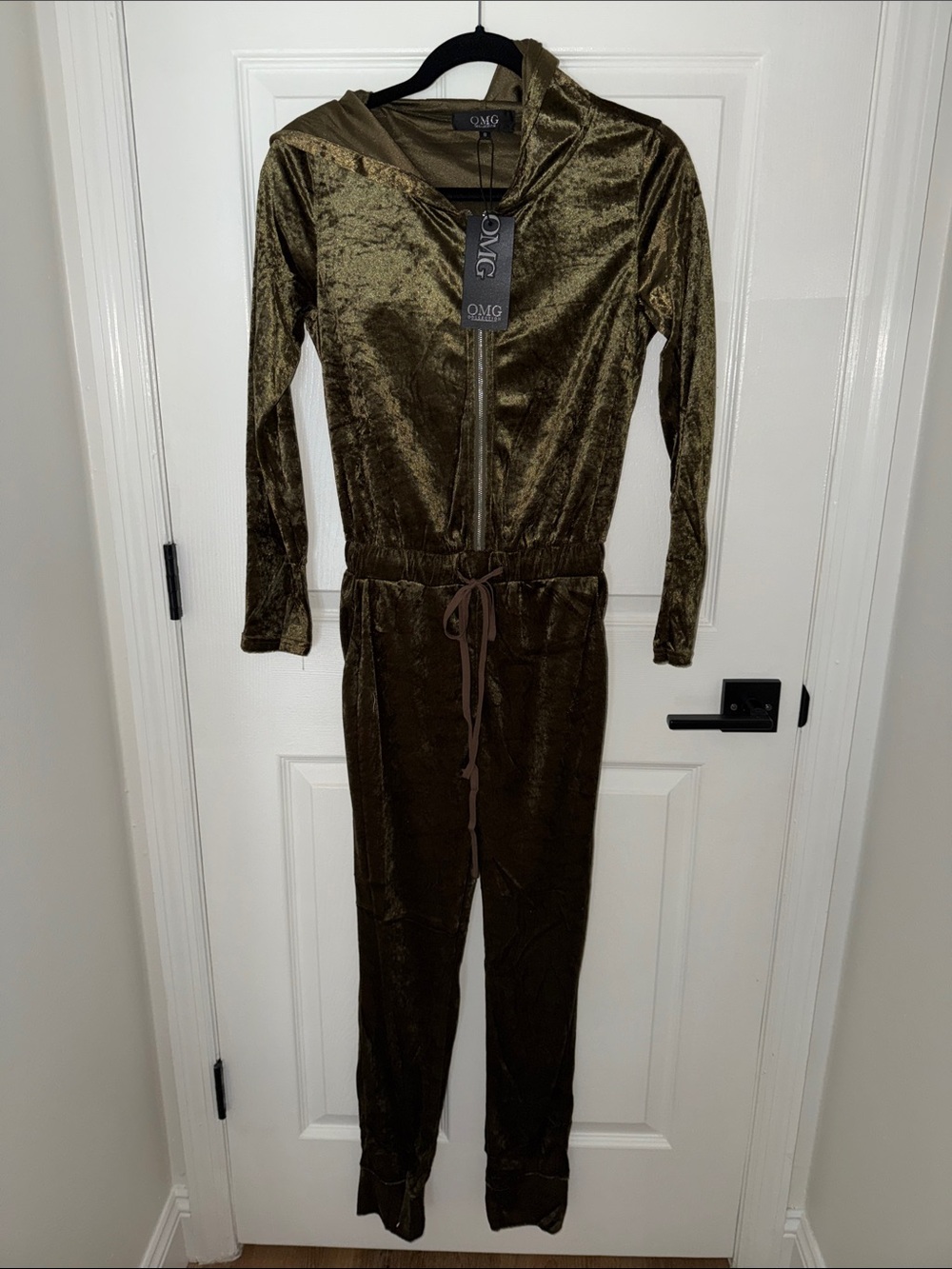 Velvet Hooded Jumpsuit in Olive Green with Drawstring Waist